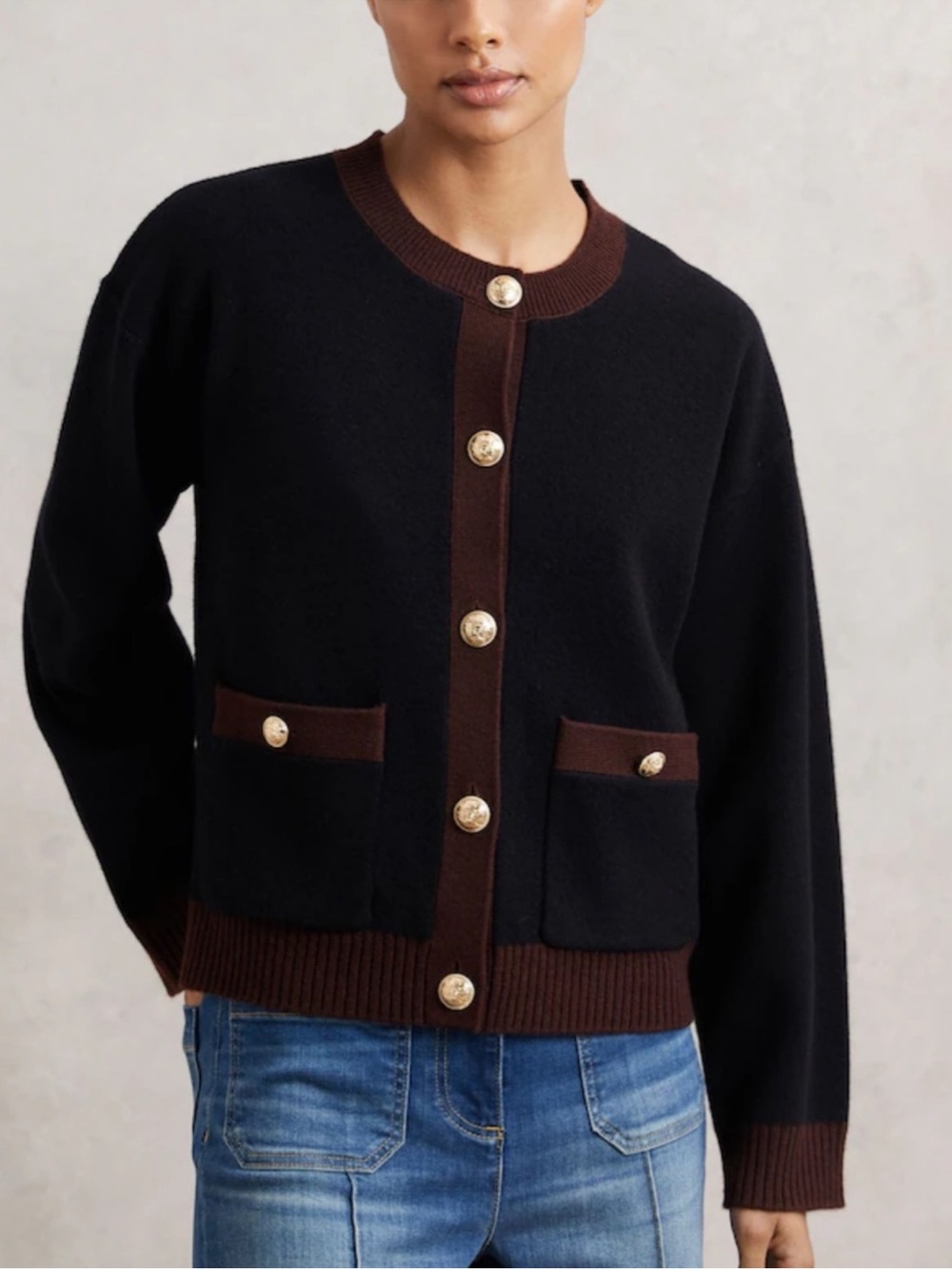 Reiss Olive Tipped Crewneck Wool And Cashmere Cardigan Black Burgundy